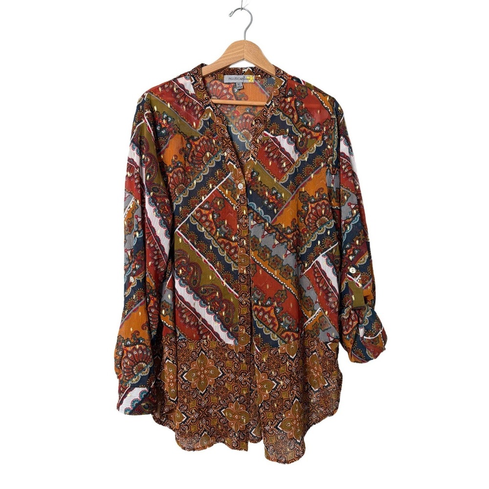 Figueroa & Flower Paisley Mixed Media button-down blouse gold accents Light XL